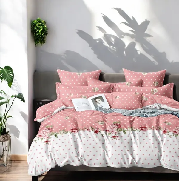 220TC_Combo_of_8_Pcs_Diwan_Set_Covers_and_Double_Bed_Bedsheet_with_2_Pillow_Covers_-_Pink_Polka_Dots_Mouse