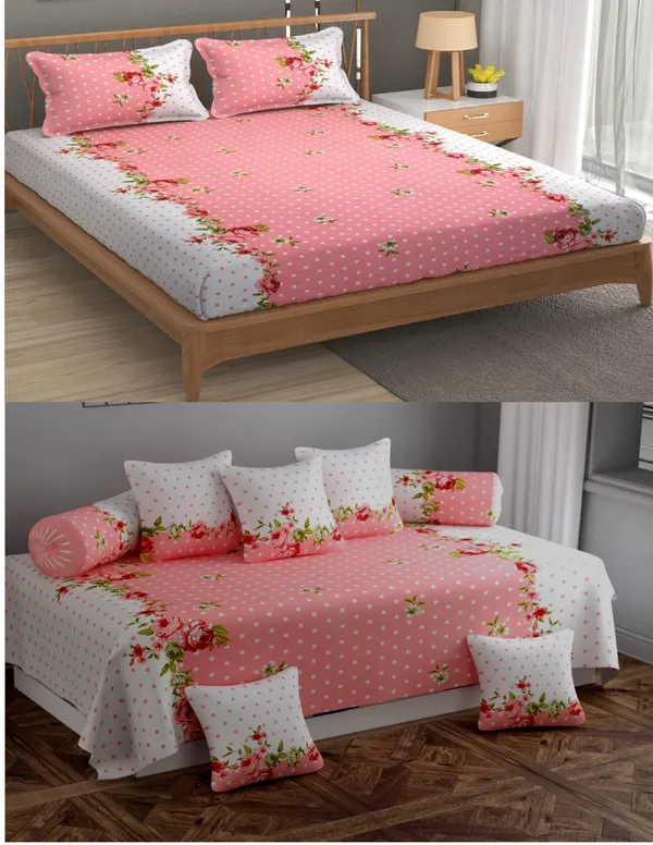220TC_Combo_of_8_Pcs_Diwan_Set_Covers_and_Double_Bed_Bedsheet_with_2_Pillow_Covers_-_Pink_Polka_Dots_Mouse