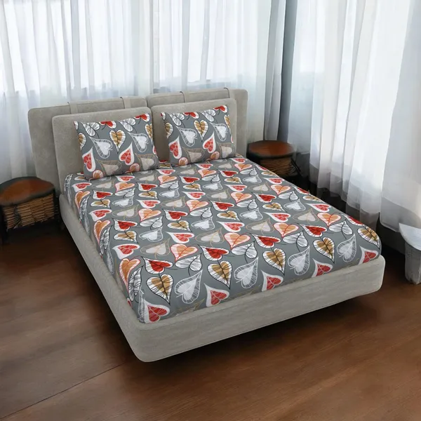 220TC_Elastic_Fitted_100%_Cotton_Feel_Printed_King_Size_Double_Bed_Bedsheet_with_2_Pillow_Cover_(72"x78"_Upto_6"_Mattress)_Grey_Leaf