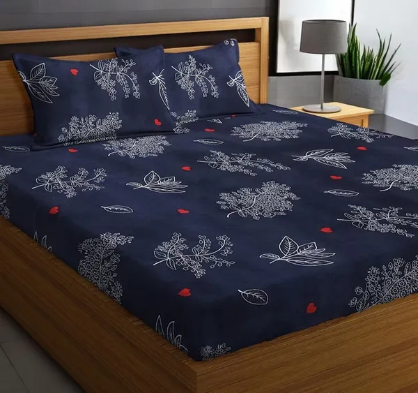 220TC_Navy_Floral_King_Size_Double_Bed_Elastic_Fitted_100%_Cotton_Bedsheet_with_2_Pillow_Cover_(72"x78"_Upto_6"_Mattress)