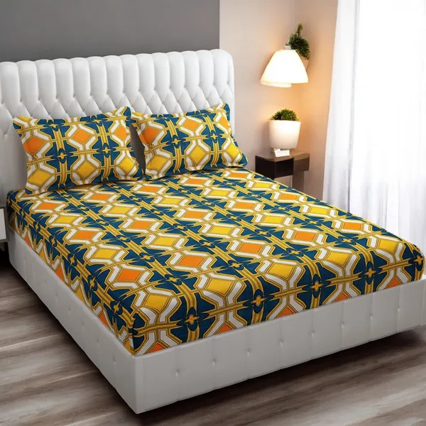 220TC_Premium_Elastic_Fitted_100%_Cotton_Feel_Printed_King_Size_Double_Bed_Bedsheet_with_2_Pillow_Cover_(72"x78"_Upto_6"_Mattress)_Golden_Blue