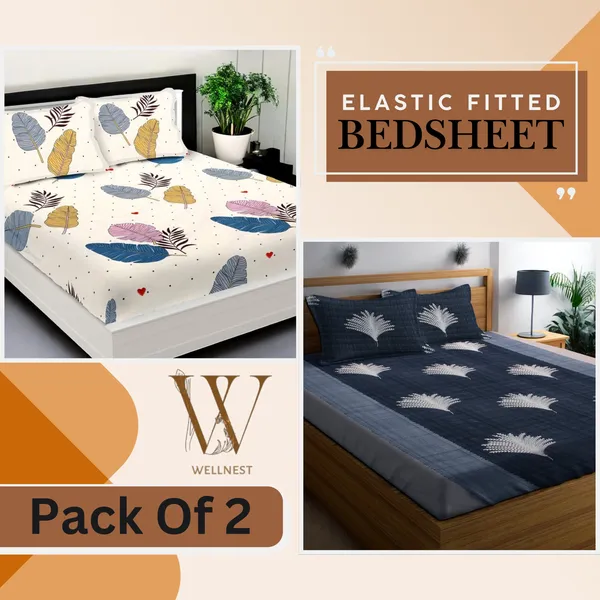 Pack_Of_2_|_220TC_Elastic_Fitted_100%_Cotton_Feel_Printed_Double_Bed_2_Bedsheets_with_4_Pillow_Covers_(72"x78"_upto_6"_Mattress)