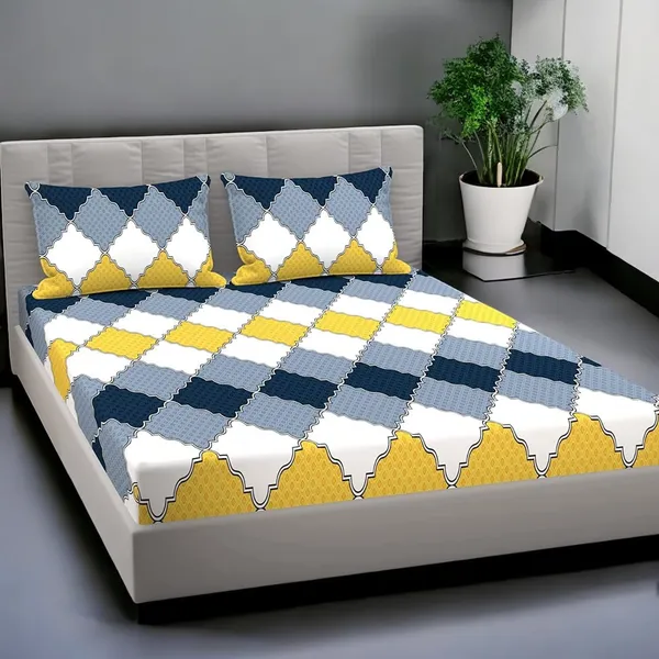 220TC_Premium_Elastic_Fitted_100%_Cotton_Feel_Printed_King_Size_Double_Bed_Bedsheet_with_2_Pillow_Cover_(72"x78"_Upto_6"_Mattress)_Grey_Yellow_Checks