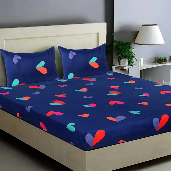 220TC_Elastic_Fitted_100%_Cotton_Feel_Printed_King_Size_Double_Bed_Bedsheet_with_2_Pillow_Cover_(72"x78"_Upto_6"_Mattress)_Blue-Heart