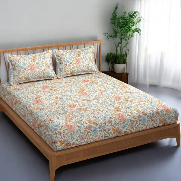 220TC_Elastic_Fitted_100%_Cotton_Feel_Printed_King_Size_Double_Bed_Bedsheet_with_2_Pillow_Cover_(72"x78"_Upto_6"_Mattress)_Small_Flowers