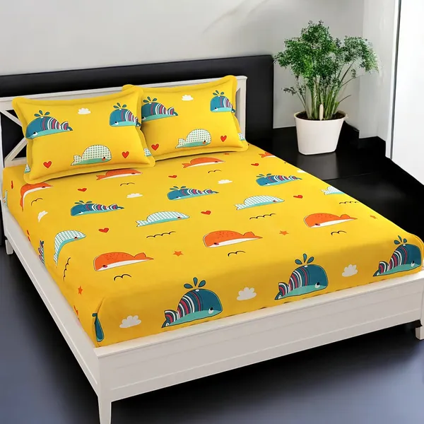 220TC_Shark_Cartoon_King_Size_Double_Bed_Elastic_Fitted_100%_Cotton_Bedsheet_with_2_Pillow_Cover_(72"x78"_Upto_6"_Mattress)