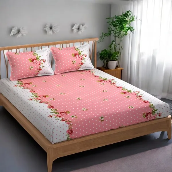 220TC_Elastic_Fitted_100%_Cotton_Feel_Printed_King_Size_Double_Bed_Bedsheet_with_2_Pillow_Cover_(72"x78"_Upto_6"_Mattress)_Pink_Polka_Dots