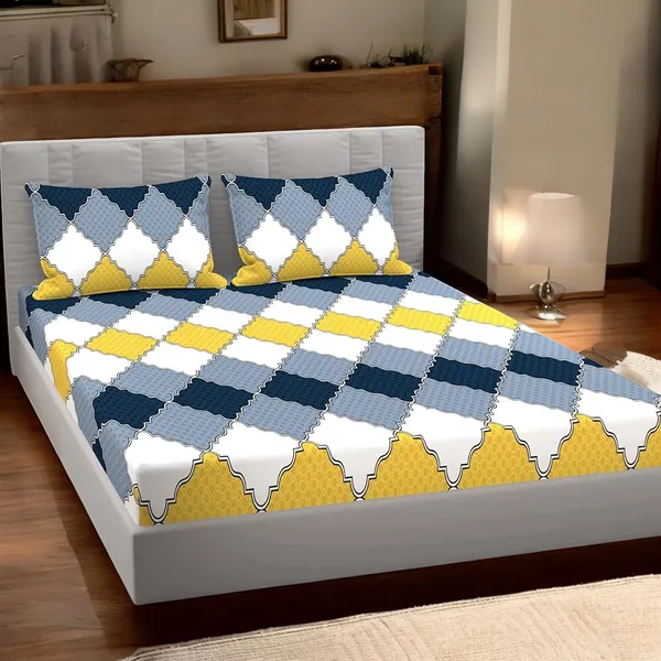 220TC_Yellow_Blue_Check_King_Size_Double_Bed_Elastic_Fitted_100%_Cotton_Bedsheet_with_2_Pillow_Cover_(72"x78"_Upto_6"_Mattress)