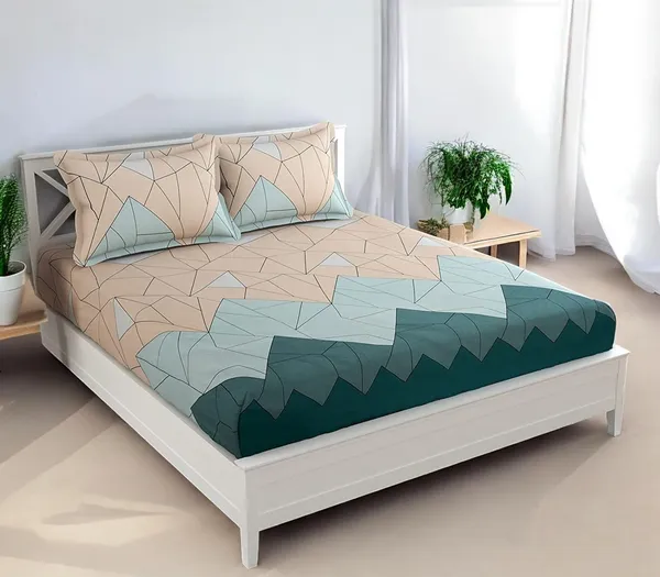 220TC_Elastic_Fitted_100%_Cotton_Feel_Printed_King_Size_Double_Bed_Bedsheet_with_2_Pillow_Cover_(72"x78"_Upto_6"_Mattress)_Green_and_Peach
