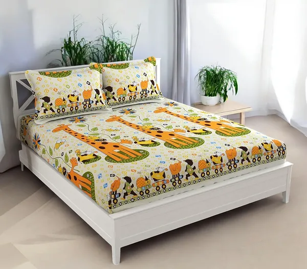 220TC_Elastic_Fitted_100%_Cotton_Feel_Printed_King_Size_Double_Bed_Bedsheet_with_2_Pillow_Cover_(72"x78"_Upto_6"_Mattress)_Yellow_Giraffe
