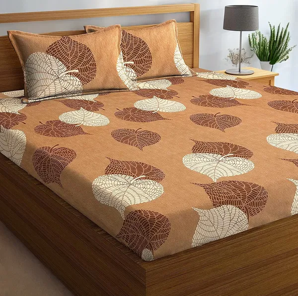 220TC_Elastic_Fitted_100%_Cotton_Feel_Printed_King_Size_Double_Bed_Bedsheet_with_2_Pillow_Cover_(72"x78"_Upto_6"_Mattress)_Brown-Leaf