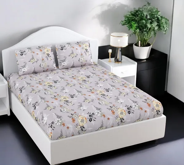 220TC_Grey_Floral_King_Size_Double_Bed_Elastic_Fitted_100%_Cotton_Bedsheet_with_2_Pillow_Cover_(72"x78"_Upto_6"_Mattress)