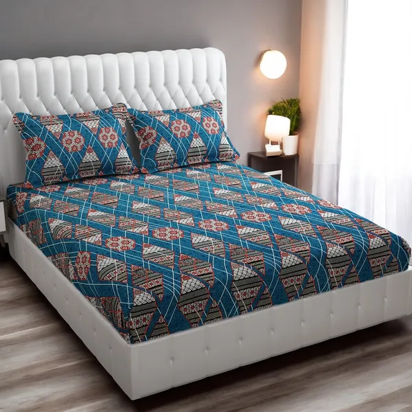 220TC_Elastic_Fitted_100%_Cotton_Feel_Printed_Double_Bed_Bedsheet_with_2_Pillow_Cover_(72"x78"_Upto_6"_Mattress)_Blue-Check