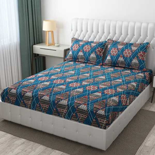 Wellnest 220TC Elastic Fitted 100 Cotton Feel Printed Double Bed