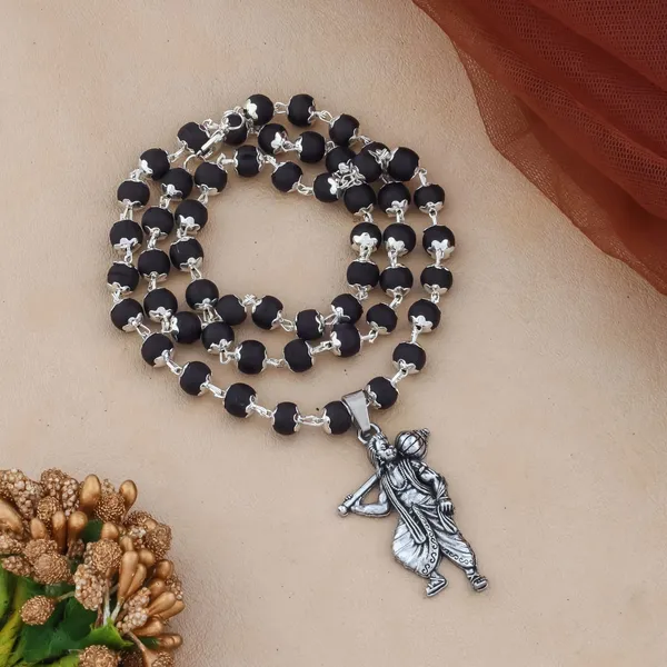 Karungli_Wood_Orignal_Silver_Cap_mala_with_Lord_Hanuman_Pendent_54_bead