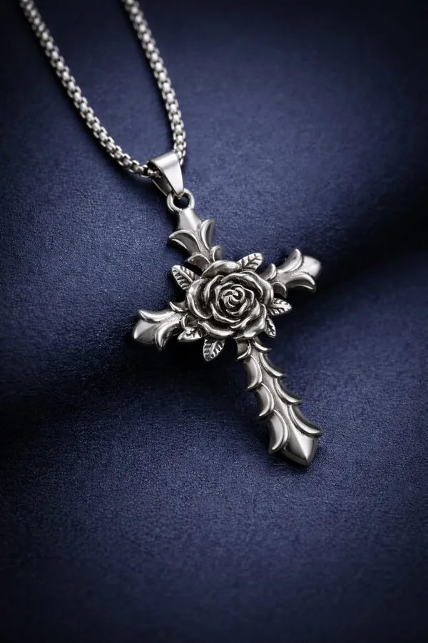 Men_Style_Vintage_Cross_Rose_Flower_Design_Necklace_In_Stainless_Steel_