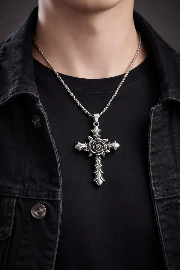 Men_Style_Vintage_Cross_Rose_Flower_Design_Necklace_In_Stainless_Steel_