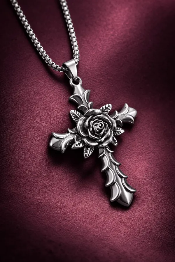 Men_Style_Vintage_Cross_Rose_Flower_Design_Necklace_In_Stainless_Steel_