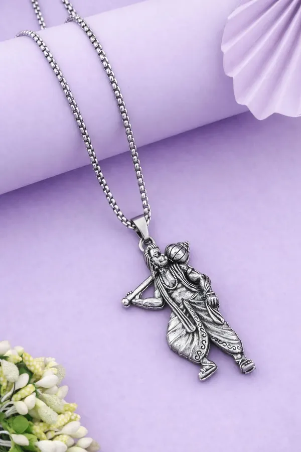 Silver_Plated_Hanuman_Ji_Pendant_with_stainless_steel_chain_Necklace_