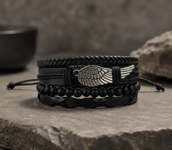 Vintage_Silver_Angel_Wing_Charm_Beaded_Wrap_Wristband_with_Multi-Layer_Black_Braided_Leather_Bracelet_for_Men_and_Boys_-Set_Of_4