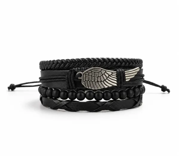 Vintage_Silver_Angel_Wing_Charm_Beaded_Wrap_Wristband_with_Multi-Layer_Black_Braided_Leather_Bracelet_for_Men_and_Boys_-Set_Of_4