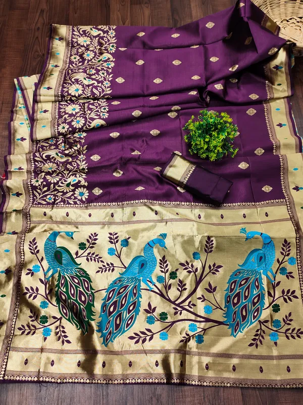 Desultory_Wine_Paithani_Silk_Saree_With_Embrocation_Blouse_Piece