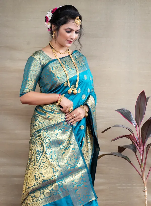 Marvellous_Firozi_Soft_Banarasi_Silk_Saree_With_Unique_Blouse_Piece