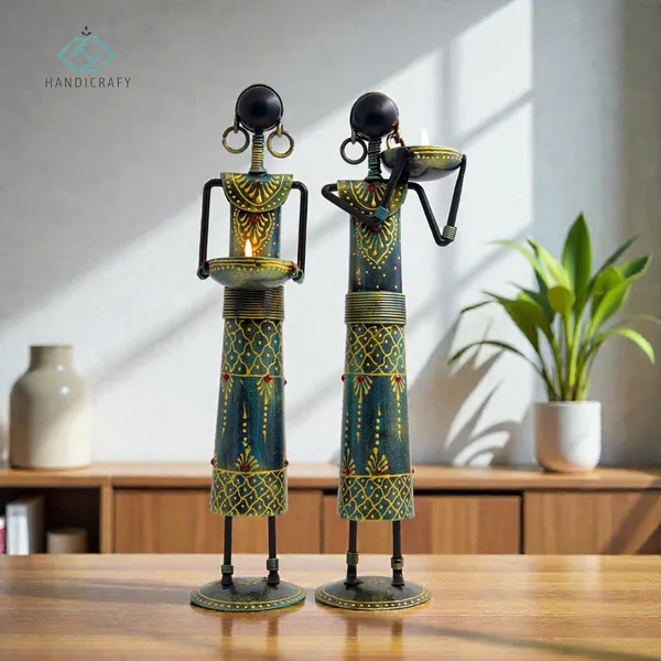 Handicrafy_Rustic_Blue_Tribal_Lady_Serving_Bowl_Figurines_–_Handcrafted_Metal_Home_Décor_Showpiece_Set