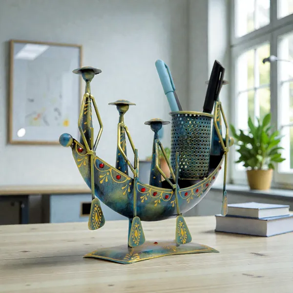 Handmade_Tribal_Boat_Pen_Stand_with_Figurines_|_Iron_Desk_Organizer_|_25_×_20_cm_Ethnic_Home_&_Office_Decor
