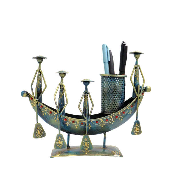 Handmade_Tribal_Boat_Pen_Stand_with_Figurines_|_Iron_Desk_Organizer_|_25_×_20_cm_Ethnic_Home_&_Office_Decor