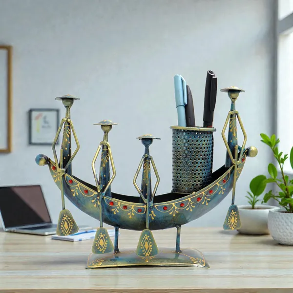 Handmade_Tribal_Boat_Pen_Stand_with_Figurines_|_Iron_Desk_Organizer_|_25_×_20_cm_Ethnic_Home_&_Office_Decor