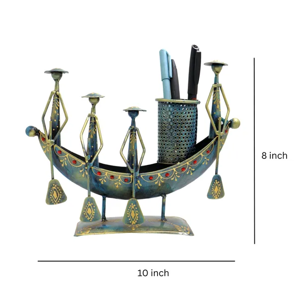 Handmade_Tribal_Boat_Pen_Stand_with_Figurines_|_Iron_Desk_Organizer_|_25_×_20_cm_Ethnic_Home_&_Office_Decor