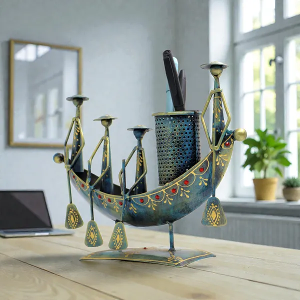 Handmade_Tribal_Boat_Pen_Stand_with_Figurines_|_Iron_Desk_Organizer_|_25_×_20_cm_Ethnic_Home_&_Office_Decor