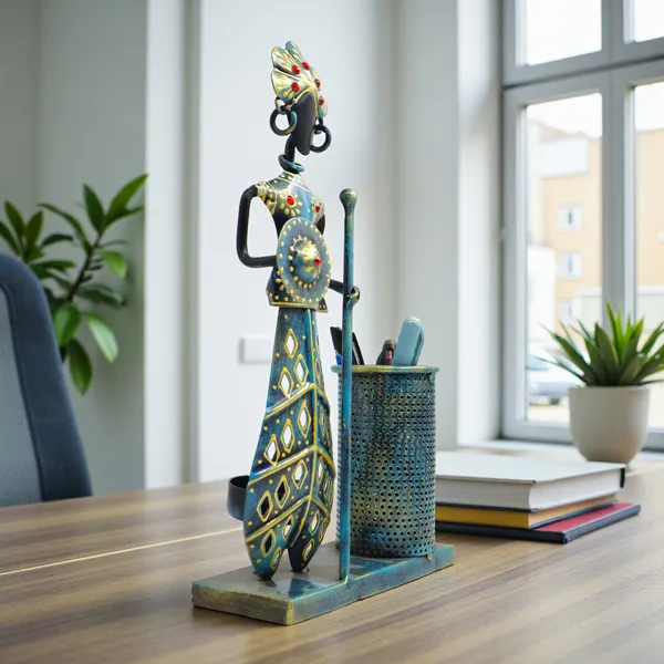 Handmade_Tribal_Musician_Metal_Pen_Stand_with_Holder_|_28_x_15_cm_Iron_Desk_Organizer_|_Ethnic_Home_&_Office_Decor_Showpiece