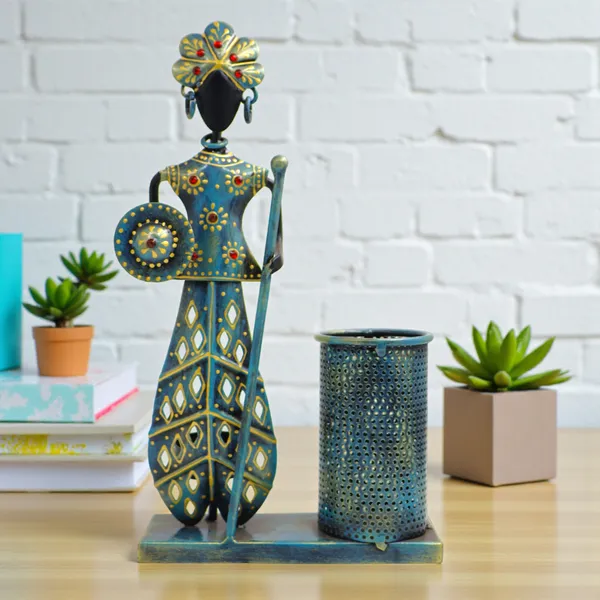 Handmade_Tribal_Musician_Metal_Pen_Stand_with_Holder_|_28_x_15_cm_Iron_Desk_Organizer_|_Ethnic_Home_&_Office_Decor_Showpiece