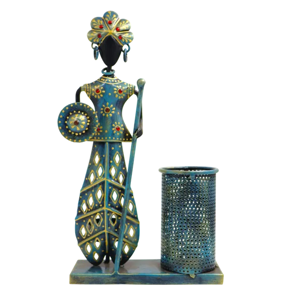 Handmade_Tribal_Musician_Metal_Pen_Stand_with_Holder_|_28_x_15_cm_Iron_Desk_Organizer_|_Ethnic_Home_&_Office_Decor_Showpiece
