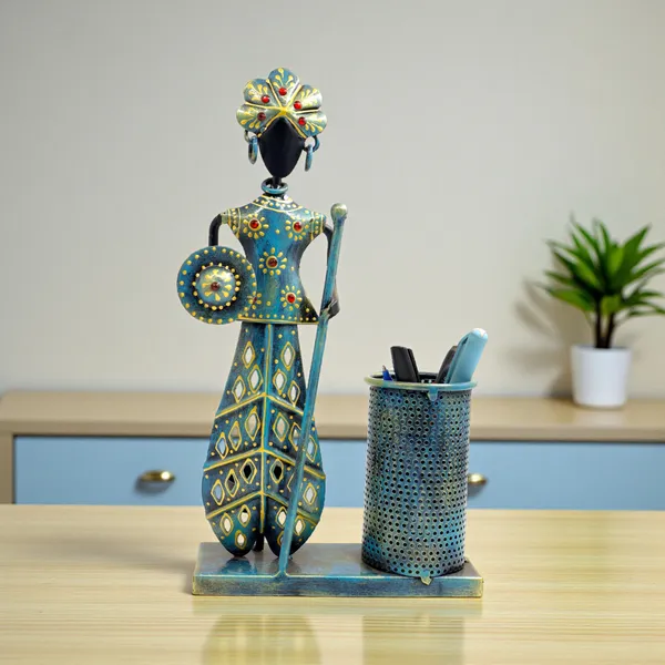 Handmade_Tribal_Musician_Metal_Pen_Stand_with_Holder_|_28_x_15_cm_Iron_Desk_Organizer_|_Ethnic_Home_&_Office_Decor_Showpiece
