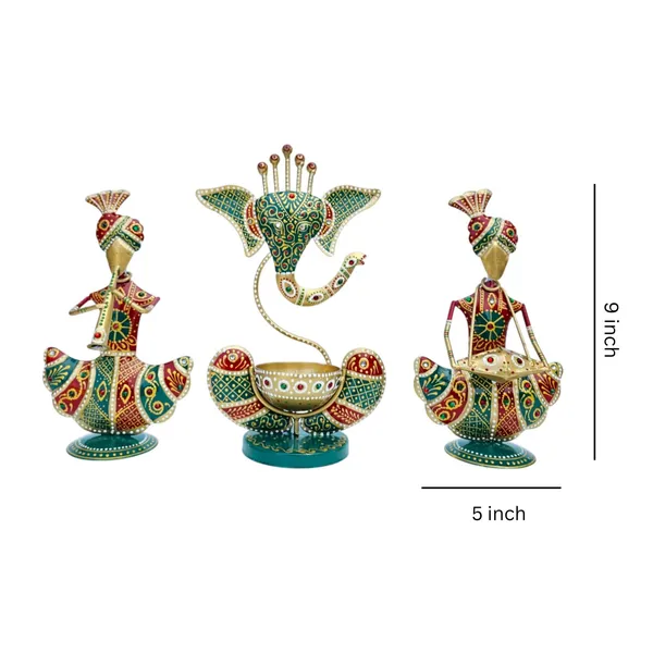 Handcrafted_Metal_Rajasthani_Tribal_Musician_Sitting_Showpiece_with_Ganesh_Urli_Diya_Set_of_3_(9_Inch)