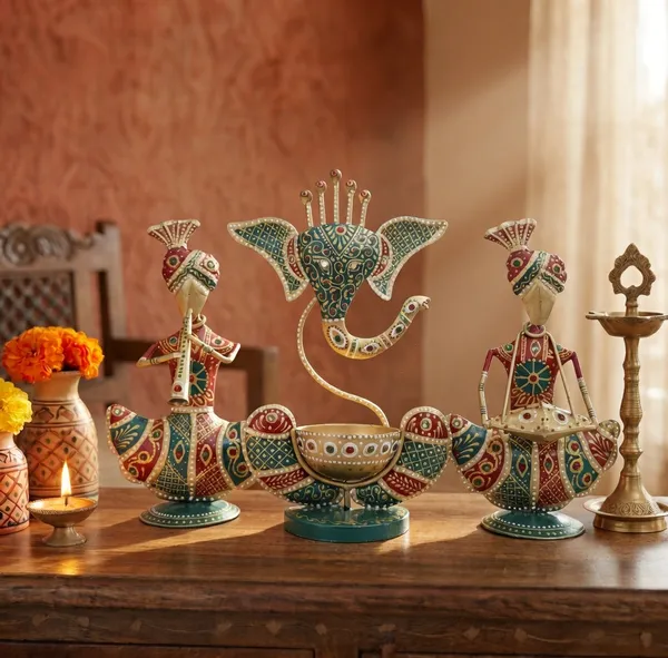 Handcrafted_Metal_Rajasthani_Tribal_Musician_Sitting_Showpiece_with_Ganesh_Urli_Diya_Set_of_3_(9_Inch)