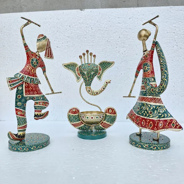 Handcrafted_Metal_Tribal_Dancing_Couple_Showpiece_with_Ganesh_Diya_Set_of_3_(12_Inch)