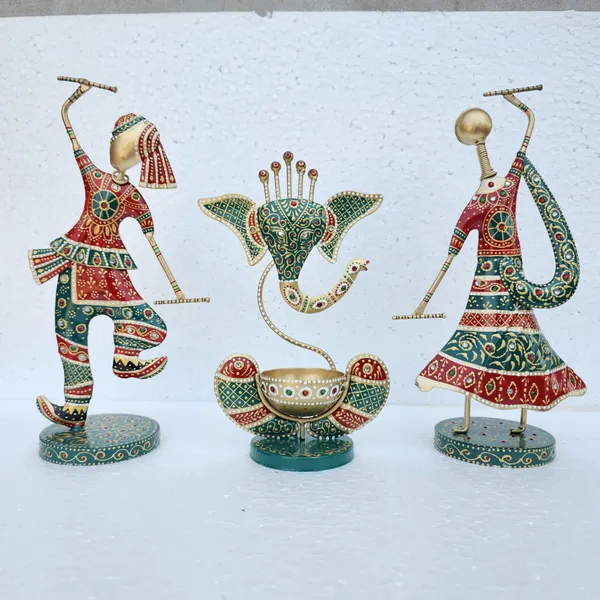 Handcrafted_Metal_Tribal_Dancing_Couple_Showpiece_with_Ganesh_Diya_Set_of_3_(12_Inch)
