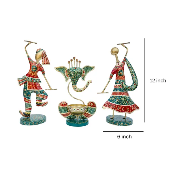 Handcrafted_Metal_Tribal_Dancing_Couple_Showpiece_with_Ganesh_Diya_Set_of_3_(12_Inch)