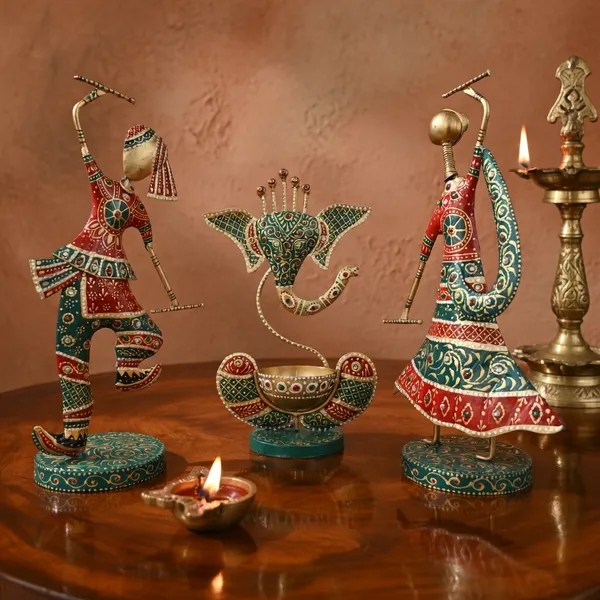 Handcrafted_Metal_Tribal_Dancing_Couple_Showpiece_with_Ganesh_Diya_Set_of_3_(12_Inch)