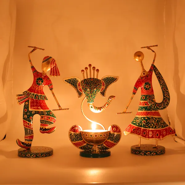 Handcrafted_Metal_Tribal_Dancing_Couple_Showpiece_with_Ganesh_Diya_Set_of_3_(12_Inch)