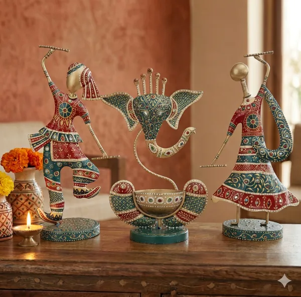 Handcrafted_Metal_Tribal_Dancing_Couple_Showpiece_with_Ganesh_Diya_Set_of_3_(12_Inch)
