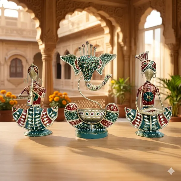 Metal_Rajasthani_Tribal_T-light_Musician_Sitting_Showpiece_with_Ganesh_Diya_Set_of_3_(11_Inch)