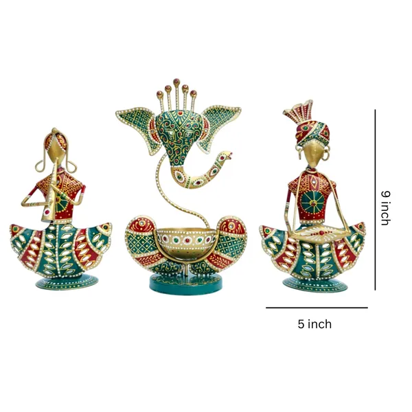 Metal_Rajasthani_Tribal_T-light_Musician_Sitting_Showpiece_with_Ganesh_Diya_Set_of_3_(11_Inch)