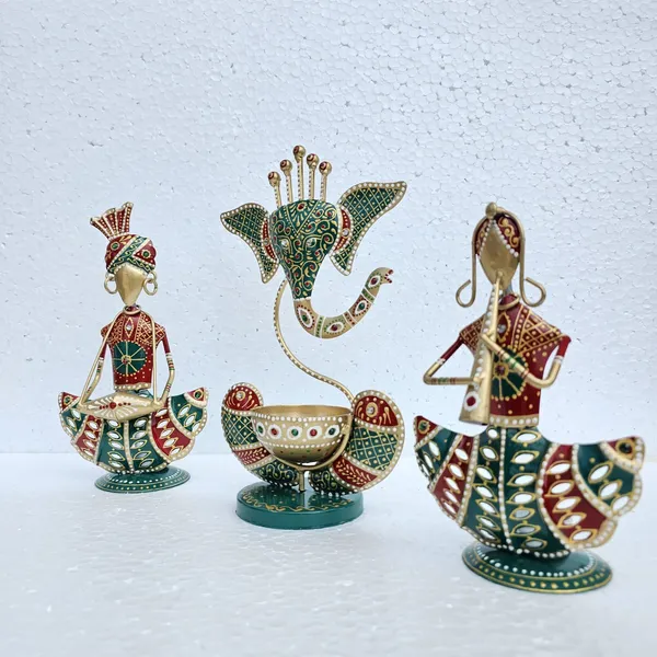 Metal_Rajasthani_Tribal_T-light_Musician_Sitting_Showpiece_with_Ganesh_Diya_Set_of_3_(11_Inch)