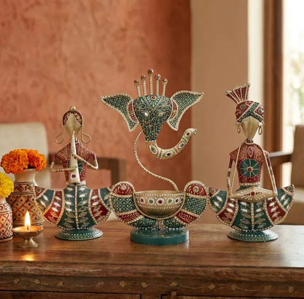 Metal_Rajasthani_Tribal_T-light_Musician_Sitting_Showpiece_with_Ganesh_Diya_Set_of_3_(11_Inch)