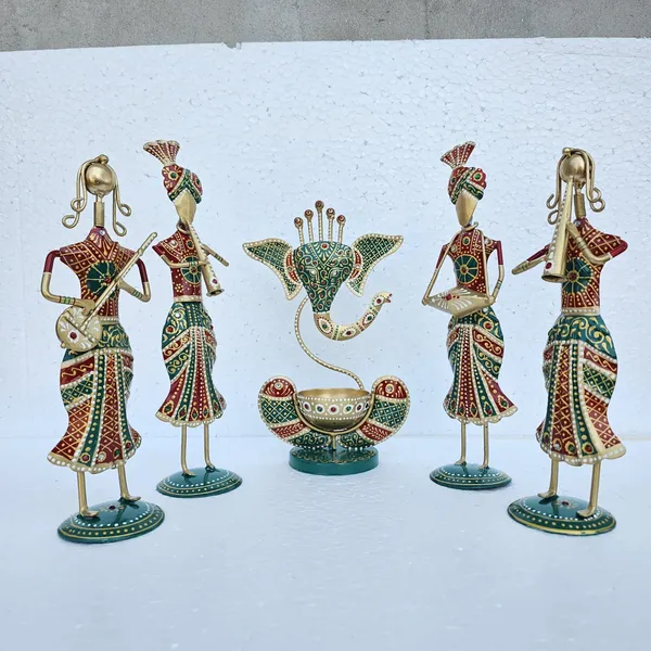 Handcrafted_Metal_Rajasthani_Tribal_Musician_Showpiece_with_Ganesh_Urli_Diya_Set_Five_(13_Inch)